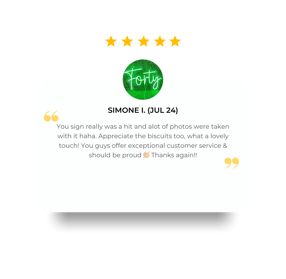 5 star review from Simone, hired the Forty neon for her birthday in Redlands.