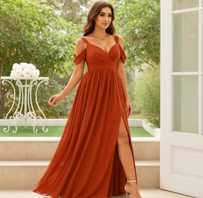 B9see,Elegant woman in a flowing burnt orange evening gown with a thigh-high slit,posing at a garden