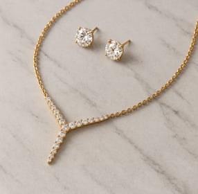 B9see, Elegant gold necklace and stud earrings set displayed on marble surface