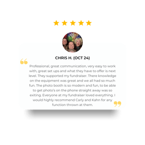 5 star review from Chris, the photo booth was fun, exciting to get photos to your phone instantly.