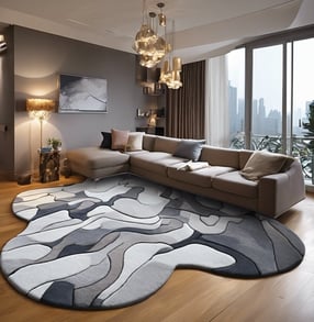 a living room with a large rug and a chandelier