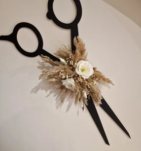 a pair of scissors and a flower on a table