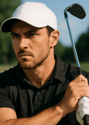 Focused golfer holds club, blurred course behind, showing solo golf's concentration benefits