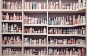 A modern, well-lit retail space with sleek white display counters and shelves. The ceiling features contemporary lighting fixtures, and the space incorporates wood and stone accents. Products are neatly arranged on the shelves, and promotional signs are visible.