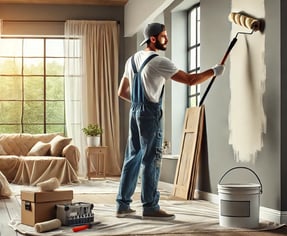 A man in denim overalls and a cap paints a gray wall with a roller in a sunlit living room.