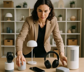 a woman in a suit and headphones is holding a smart device