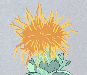Close up of an orange flower silk screen print with a green bud