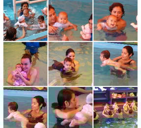 a woman in a swimsuit is holding a baby