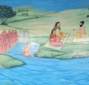Sage Kapila teaching Sankhya Yoga to Devahuti at Bindu Sarovar in Siddhpur.