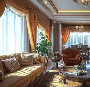 Luxurious traditional living and dining room with tufted seating, ornate curtains, and gold accents