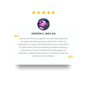 5 star review from Kristen for her Black Shimmer Wall and neon pink balloon garland for her 30th in Brisbane.