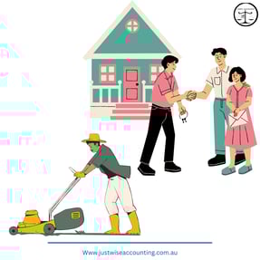 A man mows the lawn while two people shake hands in front of a house.