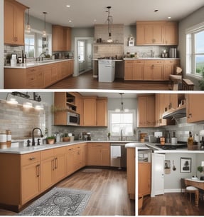 Combine in an image a bathroom and a kitchen like a collage
