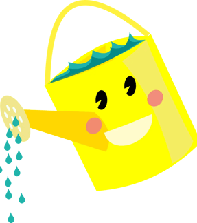 Illustration d’un arrosoir jaune souriant avec des joues roses, arrosant avec des gouttes d’eau bleu