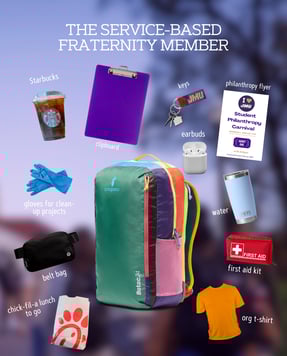 Picture of a cotopaxi backpack with essentials for the "service based fraternity member"