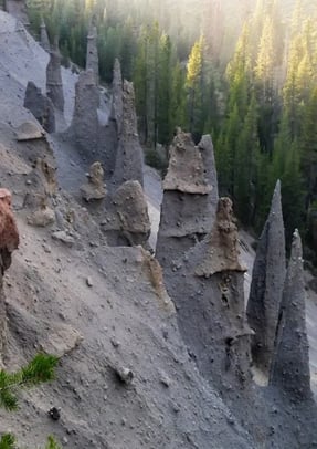Waterfall Hwy, OR - Spires formed from gas coming up thru hot lava at Crater Lake