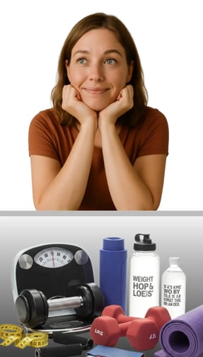 Smiling woman thinking about fitness goals with weight loss equipment including scale, dumbbells