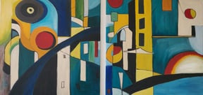 Uitzicht op de stad - diptych , olie op doek, 2x 100 x 100 cm