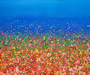 a painting of a field with flowers and a blue sky
