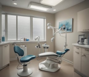 A person in a blue shirt with the logo 'Angels for Humanity' provides dental care to a young patient lying on a dental chair. The setting appears to be a makeshift dental clinic with blue medical equipment and supplies on tables. Other team members in similar attire are visible in the background, some attending to other patients.
