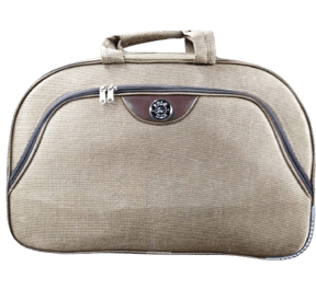 tan color duffle with brown color leather logo and tan fabric sturdy handle
