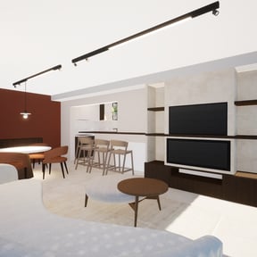 Photo du projet de rénovation de l'appartement de Knokke vue du living couleur brique