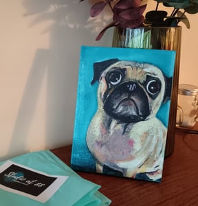 A painting of a dog, pet portrait, pug painting