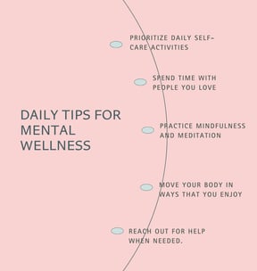 Pink background with text listing daily tips for mental wellbeing