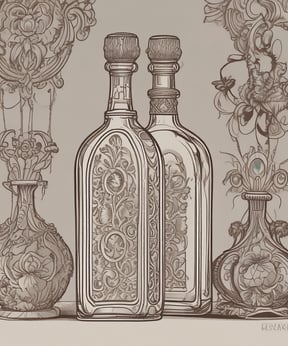 A rectangular glass bottle of perfume with a wooden cap lays diagonally on its corresponding packaging box. The bottle has a white label with text and a botanical illustration. The surrounding background is dark and textured, providing a contrast to the light-colored bottle and box.