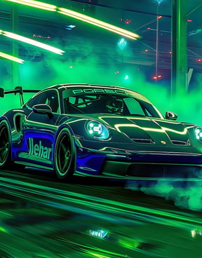 a Porsche 911 car with a blue and green car in the background