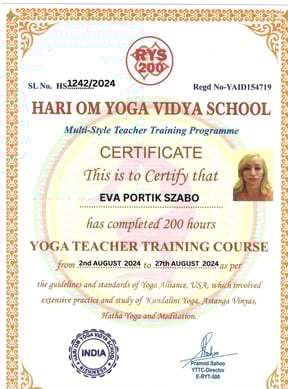 200-hour yoga teacher training certificate from Hari Om Yoga Vidya School awarded to Eva Portik