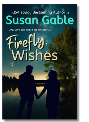 Firefly Wishes Cover - man & woman hold hands, silhoutted against end of sunset over lake, fireflies