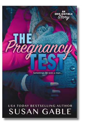 Pregnancy Test cover - pregnant woman in pink winter coat, man cradling her baby bump with hands