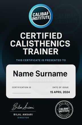 CERTIFICATE of Calisthenics Trainer by CALIBAF INSTITUTE, located in KALYAN NAGAR, BANGALORE, INDIA