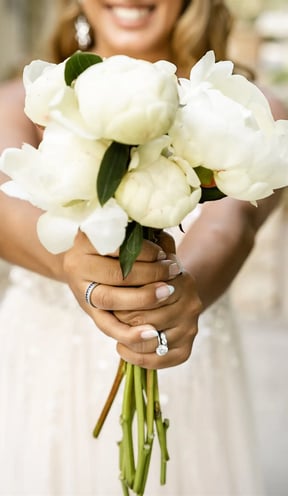 Bridal bouquet close-up with bride blurred in background — South of France wedding photography cost