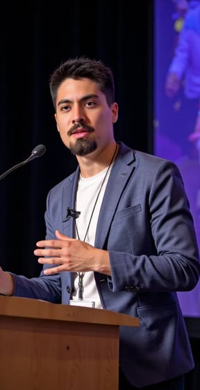 Rafael castillo a software engineer in a suit and a microphone in front of a podium