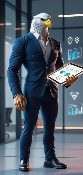 a humanoid American eagle specializing in digital marketing for local businesses with a tablet