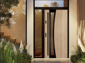 a modern door with a wooden door and a bench