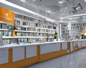 a library with a long counter top and a large bookcase