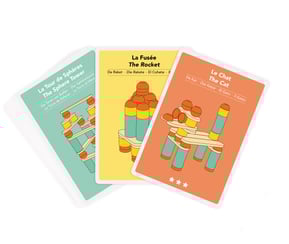 Educational game cards that shows tasks that the child must complete using silicone and wooden parts