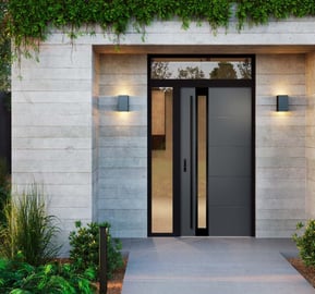 a modern home entrance with a modern door