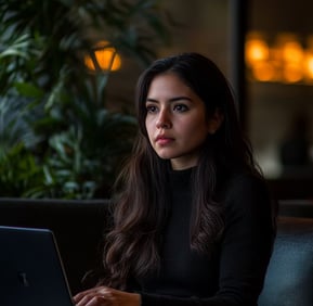 Mujer mexicana joven trabajando en laptop en sala de espera moderna con luz cálida y plantas de fondo
