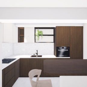Photo du projet de transformation à Knokke vue de la cuisine en noyer et terrazzo beige