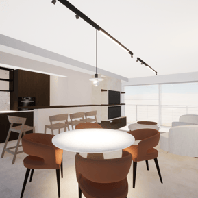 Photo du projet de transformation de l'appartement de Knokke vue du salon salle à manger