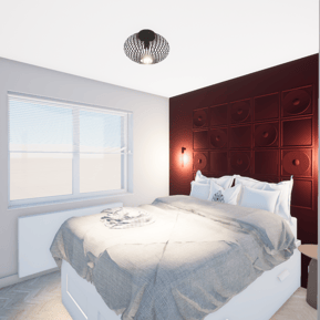 Chambre secondaire appartement Knokke tête de lit bordeau relief Orac
