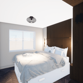 Photo du projet de rénovation de l'appartement de Knokke chambre principale marron tête de lit Orac