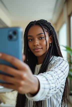 a woman with long hair and a blue shirt is taking a selfie