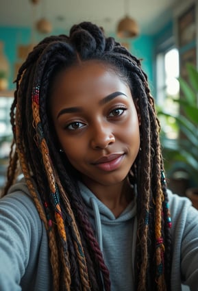 a woman with dreadlocks and dreadlocks on her head