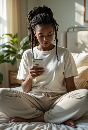 a woman sitting on a bed with a cell phone