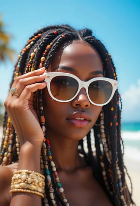 a woman with long hair and sunglasses on a beach